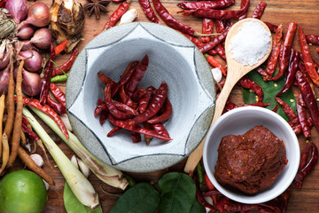 spices with ingredients on dark background. asian food, healthy or cooking concept.