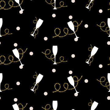 Glitter Serpentine Confetti Ornament. Vector Black Gold Celebration Seamless Party Wrap Pattern Collection. Modern Shimmer Details Stylish Texture.