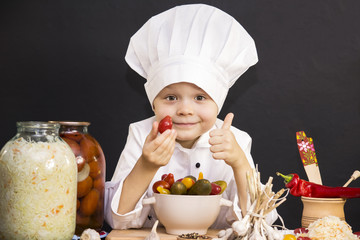 funny boy chef and marinated tomatoes and cucumbers