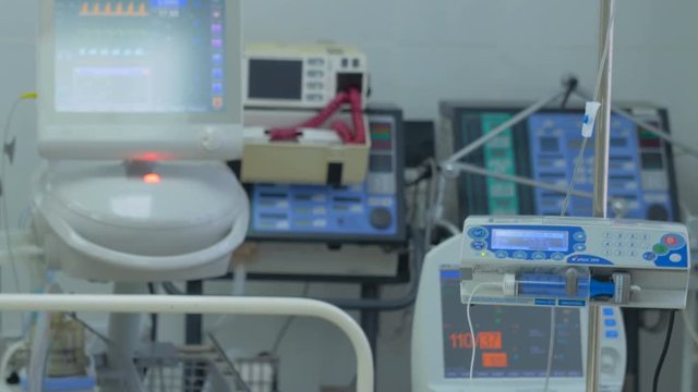 Medical equipment in intensive care unit. Slider shot. 4K.