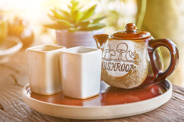 White mug and jug in ceramic plate on wood table with cactus or succulents background and sunlight. (Focus Jug)