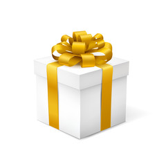 Gift box with gold ribbon isolated on white background. Vector illustration.