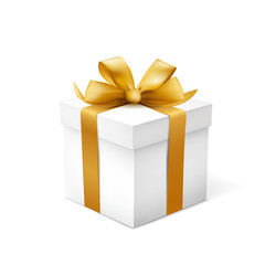 Gift box with gold ribbon isolated on white background. Vector illustration.