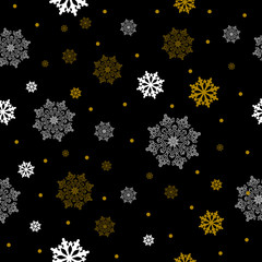 Christmas seamless pattern with white and brown snowflakes. Vector illustration.