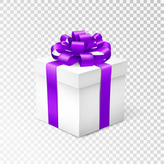 Gift box with violet ribbon isolated on transparent background. Vector illustration.