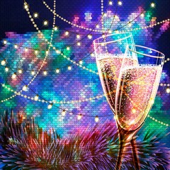 Happy New Year Card with glasses of champagne. Holiday golden background and glasses of champagne.