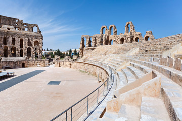 Tunisian Amphitheatre in El Djem, Mahdia Governorate, Tunisia. The ruins of the amphitheatre is in a World Heritage Site