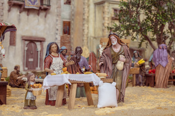 Nativity scene with hand-colored wooden figures