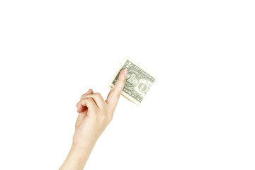 Female's hand holds one dollar on white background.