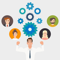 Illustration of business people and gears teamwork, workforce staff infographic concept. Corporate company ladder of success leadership, human resource management