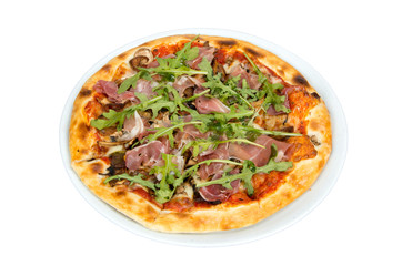 Pizza with tomato sauce, bacon and mushrooms.