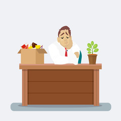 Businessman at his desk with fired box things. Employee job reduction concept vector design