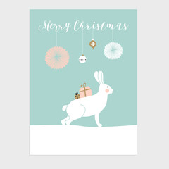 Cute Christmas greeting card, invitation with polar hare or rabbit, gift boxes and Christmas balls. Hand drawn design. Vector illustration.