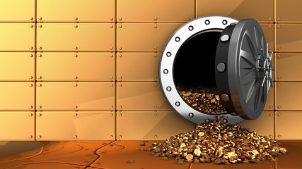3d illustration of vault door and coins over gold plates background