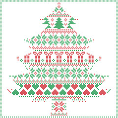 Scandinavian Nordic winter stitching  knitting  Christmas pattern in  in Christmas tree  shape  including snowflakes, hearts Xmas trees Christmas presents, snow, stars,  ornaments in red and green 
