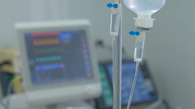 Screen displays patient's condition in ICU, intensive care unit: pulse, blood pressure, temperature, and other parameters