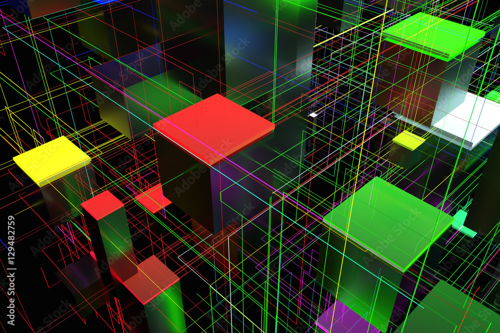 Poster 3d rendering abstract technology background. cubes with glow elements and connecting lines. technolo