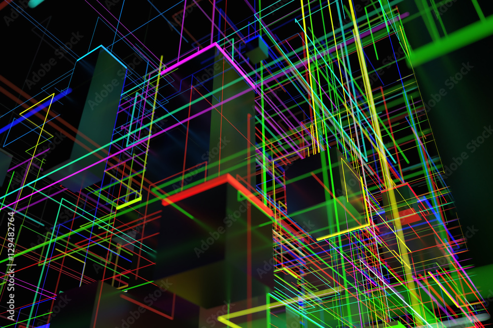 Poster 3d rendering abstract technology background. cubes with glow elements and connecting lines. technolo