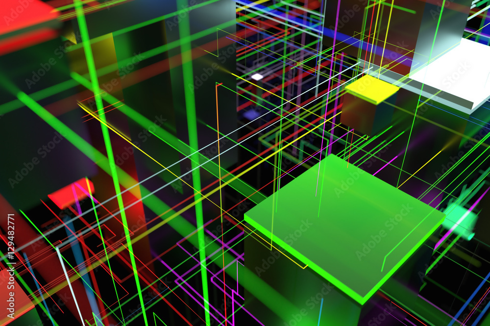 Poster 3d rendering abstract technology background. cubes with glow elements and connecting lines. technolo