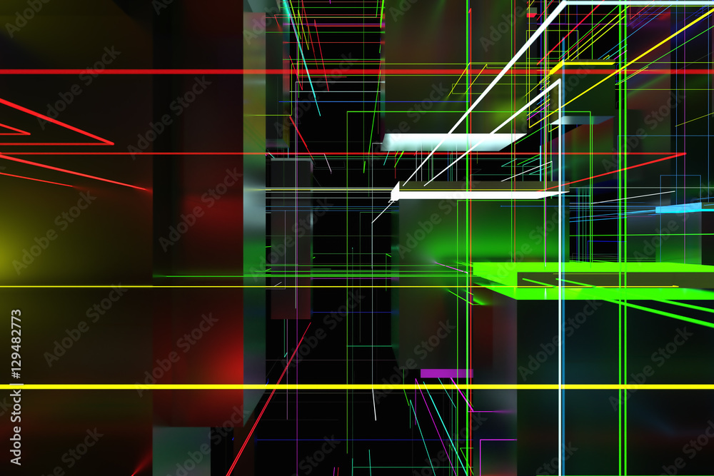 Poster 3d rendering abstract technology background. cubes with glow elements and connecting lines. technolo