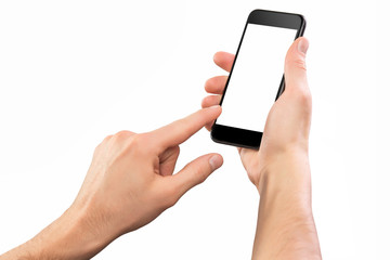 Mockup of male hand holding black cellphone isolated 