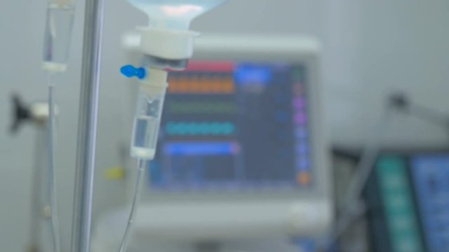 Screen displays patient's condition in ICU, intensive care unit: pulse, blood pressure, temperature, and other parameters