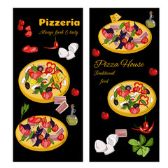 Pizzeria design template. Vertical vector banners set. Pizza restaurant menu.