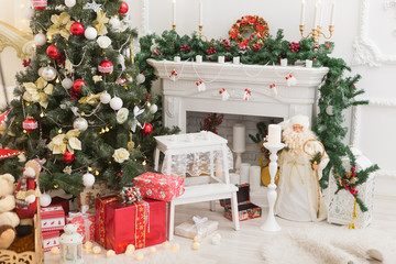 Beautiful holdiay decorated room with Christmas tree