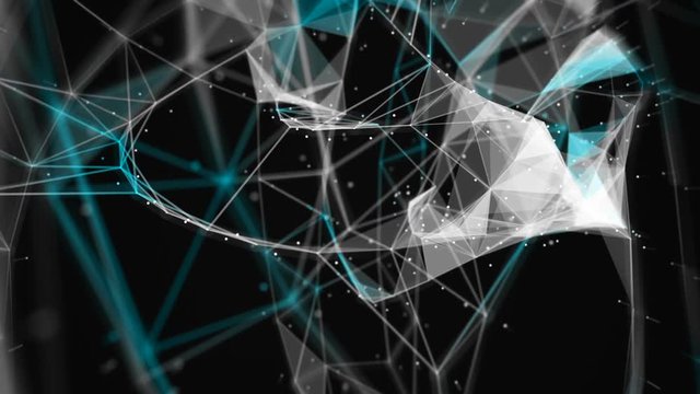 Network Connection Cloud Loop 8A: gunmetal grey background, rotating blue orange pink light mesh cloud with white dots and lines with depth-of field effect, FullHD and seamlessly loopable