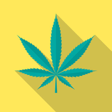 Cannabis leaf icon with long shadow. Flat design style. Marijuana silhouette. Simple icon. Modern flat icon in stylish colors. Web site page and mobile app design vector element.