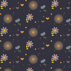Flower pattern: blue, purpul and brown flowers. Cute hearts and polka dot. Dark blue background. Vector illustration. 