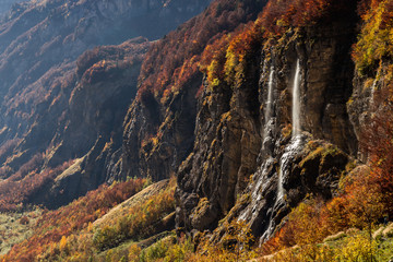 Mountains view with waterfalls and cliffs