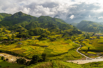 Vietnamese valley with rice fields and villages