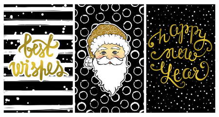 Cute collection with Happy New Year 2017 cards. Set with Best wishes-calligraphy print,cartoon Santa Claus. Beautiful festive decoration for christmas holidays 
