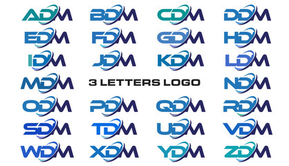 3 letters modern generic swoosh logo ADM, BDM, CDM, DDM, EDM, FDM, GDM, HDM, IDM, JDM, KDM, LDM, MDM, NDM, ODM, PDM, QDM, RDM, SDM, TDM, UDM, VDM, WDM, XDM, YDM, ZDM