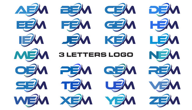 3 letters modern generic swoosh logo AEM, BEM, CEM, DEM, EEM, FEM, GEM, HEM, IEM, JEM, KEM, LEM, MEM, NEM, OEM, PEM, QEM, REM, SEM, TEM, UEM, VEM, WEM, XEM, YEM, ZEM
