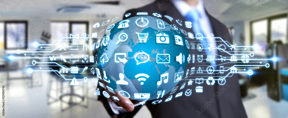 Poster businessman using digital world with web icons