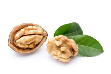 Walnut and walnut kernel isolated on the white background.