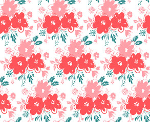 Vector seamless pattern with flower composition. Repeat print for textile, wrapping paper, bedding, Abstract floral background. Tender color. Doodle blooming  backdrop.
