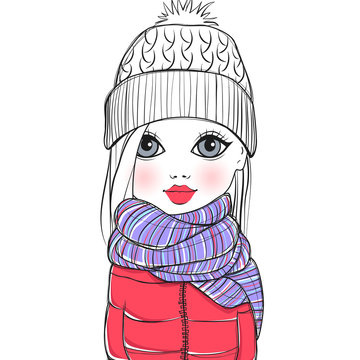 Cute vector fashion girl. Fashionable teen. Cartoon lady. Colorful sketch illustration. Little model. Winter casual look Girl in autumn-winter outfit.