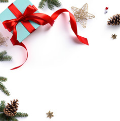 Fototapeta na wymiar Christmas holiday composition; Christmas gift, fir tree branches