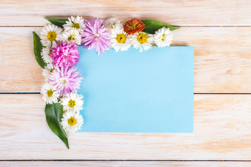 flowers on a bright background. Space for text. Flat lay, top view