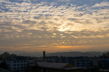 Colorful sunrise over the town. Slovakia