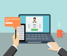 Flat man getting access website vector. 2 steps authentication