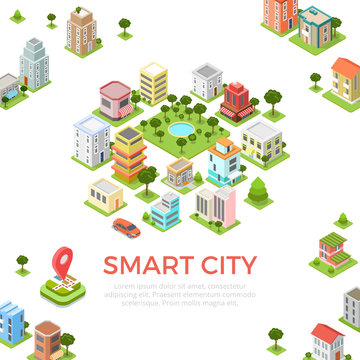 Flat isometric buildings phone Smart city app vector 3d Mobile