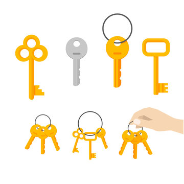 Keys vector icon set isolated on white background, flat cartoon style modern silver and classic vintage golden old retro door keys bunch hanging on ring, hand holding keychain