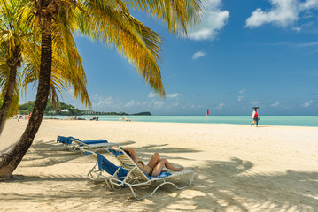 Fototapeta na wymiar Palm tree and beach chairs in serene tropical beach scene