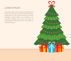 Festive interior of the room. Christmas tree, gifts, garland, and text. Flat design. Vector. Banner.