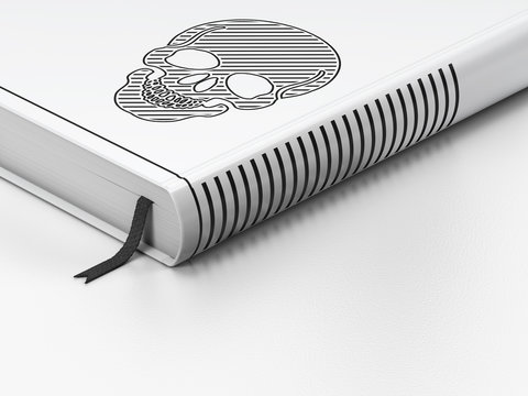 Health concept: closed book, Scull on white background