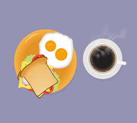Vegetable sandwich with a cup of coffee  and fried eggs on yellow plate. Top view vector illustration.